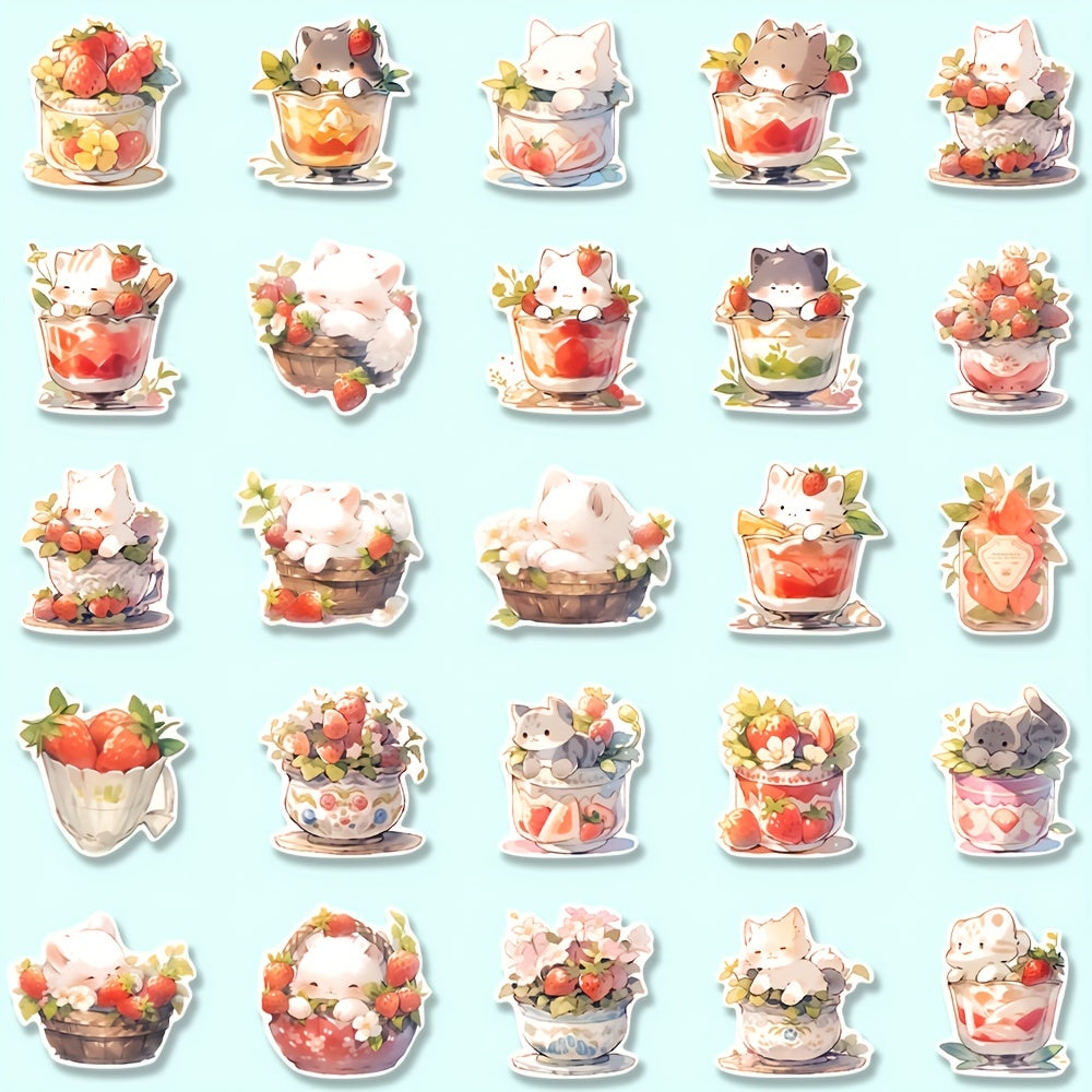 54pcs Strawberry Cat Cartoon Stickers Pack - Kids Laptop Luggage