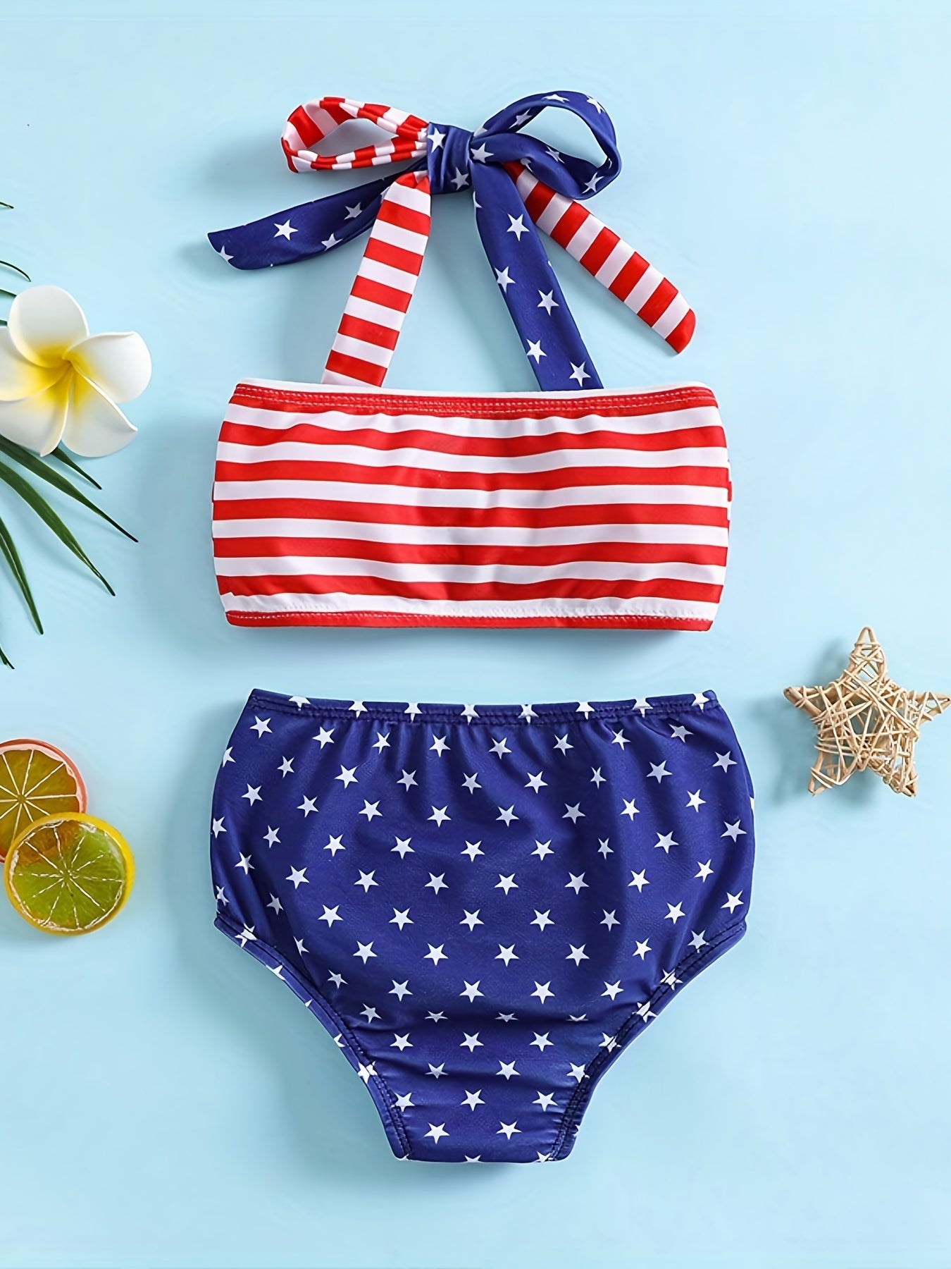 Baby Girls Striped Star Halter Bikini Top & Shorts Swimsuit