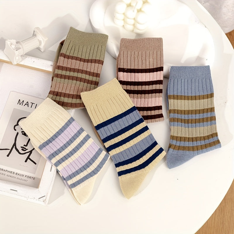 5 Pairs Striped Crew Socks Comfortable & Breathable All Match Women's Stockings