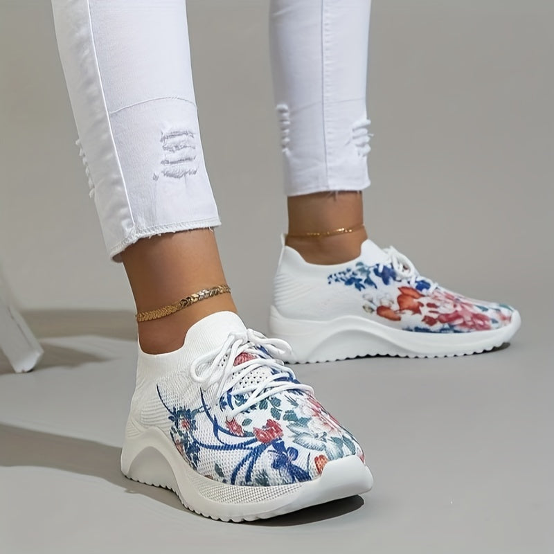 Floral Graphic Knit Sneakers Lace-Up Low Top Lightweight Shoes