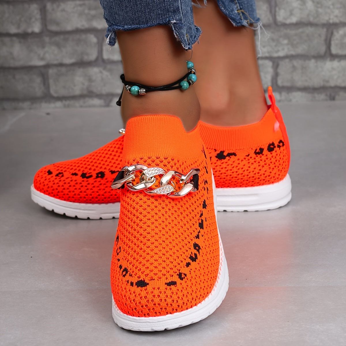 Sporty Walking Shoes Chain Decor Mesh Slip On Sneakers Women's Footwear
