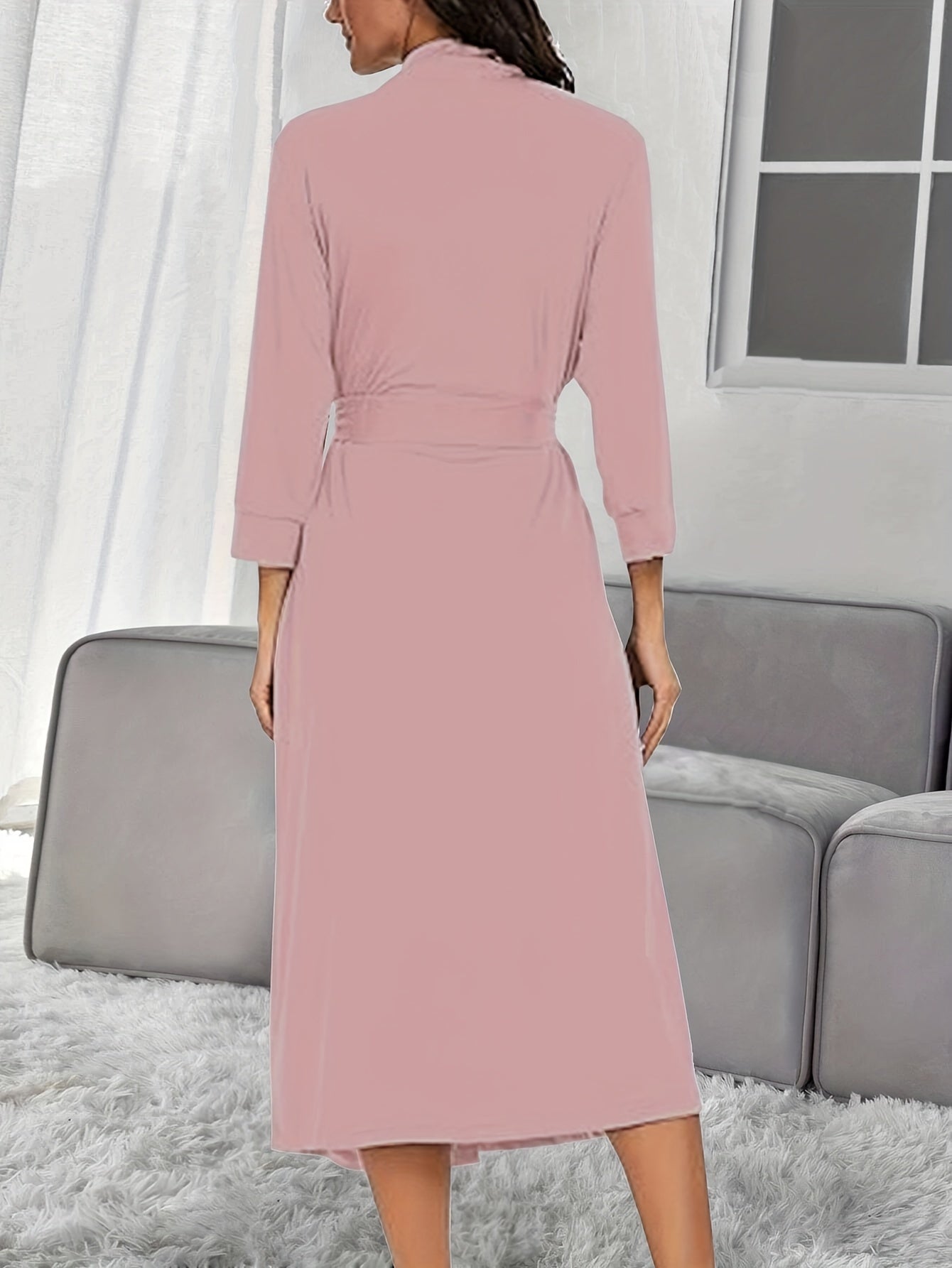 Long Sleeve V Neck Night Robe with Belt