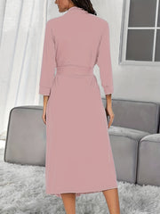 Long Sleeve V Neck Night Robe with Belt