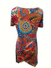 Paisley Print V Neck Dress Short Sleeve for Women