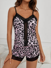 Leopard Print Pajama Set V Neck Cami Top & Lace Trim Shorts