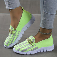 Metallic Chain Slip On Sneakers Low Round Toe Houndstooth Pattern Shoes