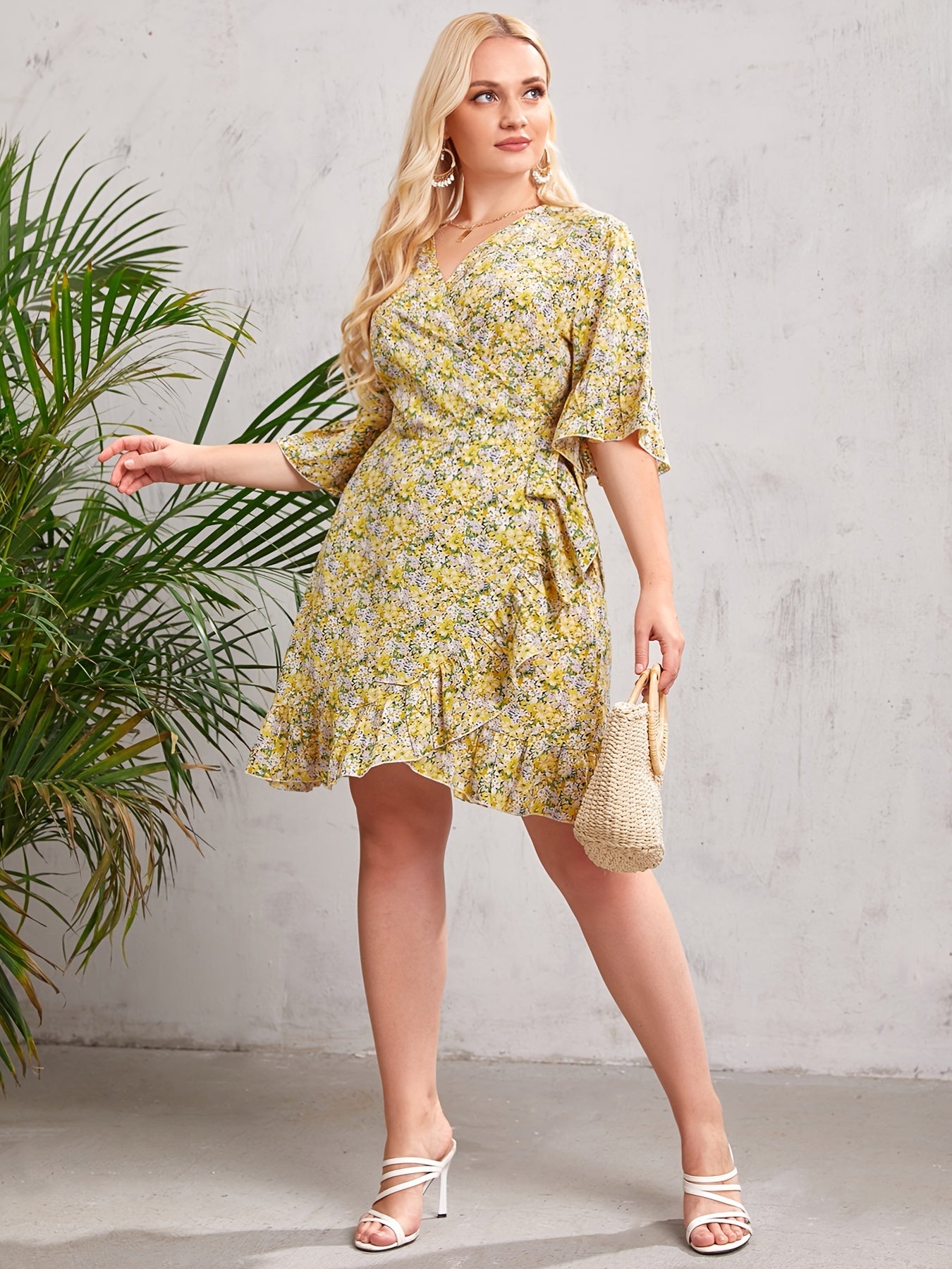 Floral Print V Neck Belted Wrap Midi Dress
