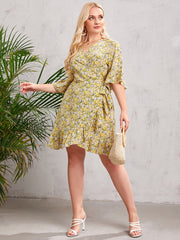 Floral Print V Neck Belted Wrap Midi Dress