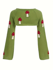 Mushroom Pattern Crew Neck Sweater Casual Long Sleeve Crop Sweater