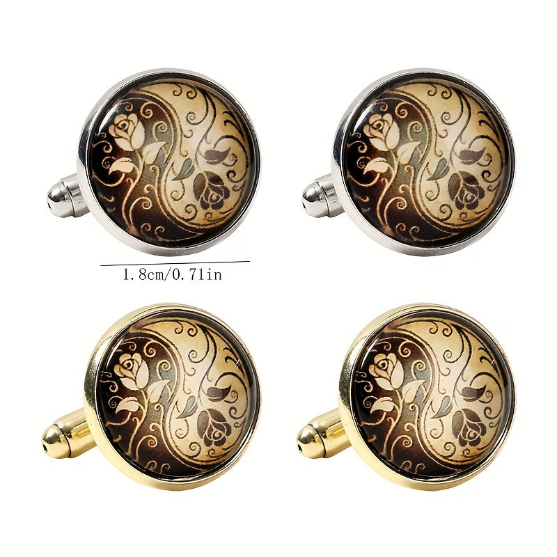 Round Engraved Rose Pattern Cufflinks for Women and Men