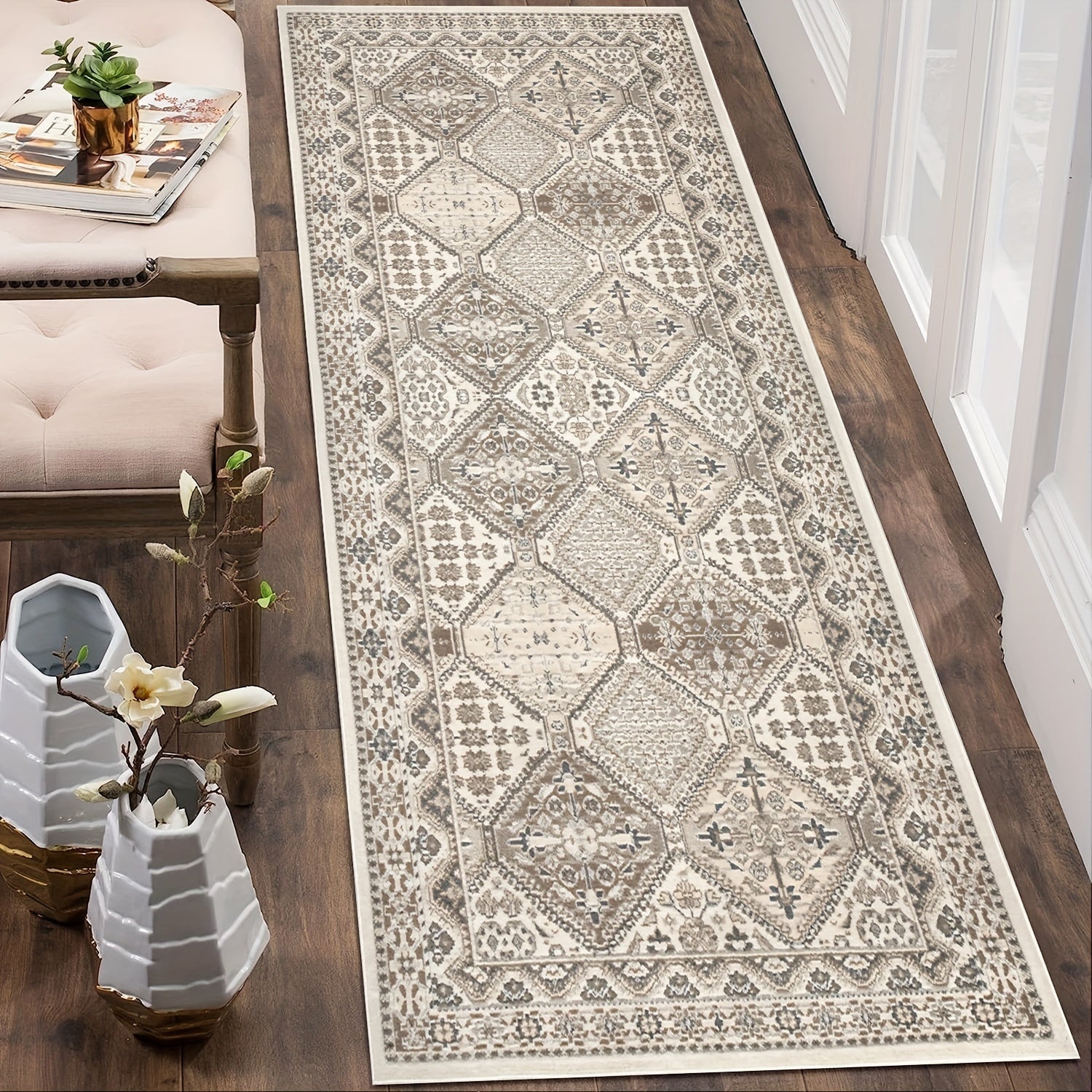 Brown Plaid Totem Print Runner Soft Kitchen Rug Non Slip