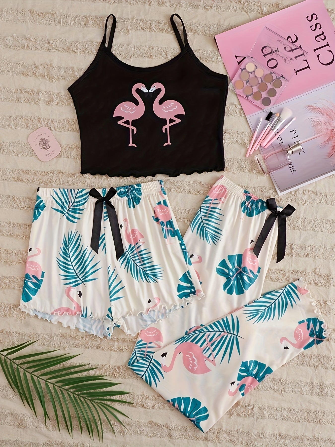 Flamingo Print Pajama Set Cami Top & Shorts & Pants