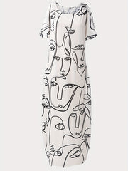 Abstract Face Print Dress Short Sleeve Maxi Summer Dress