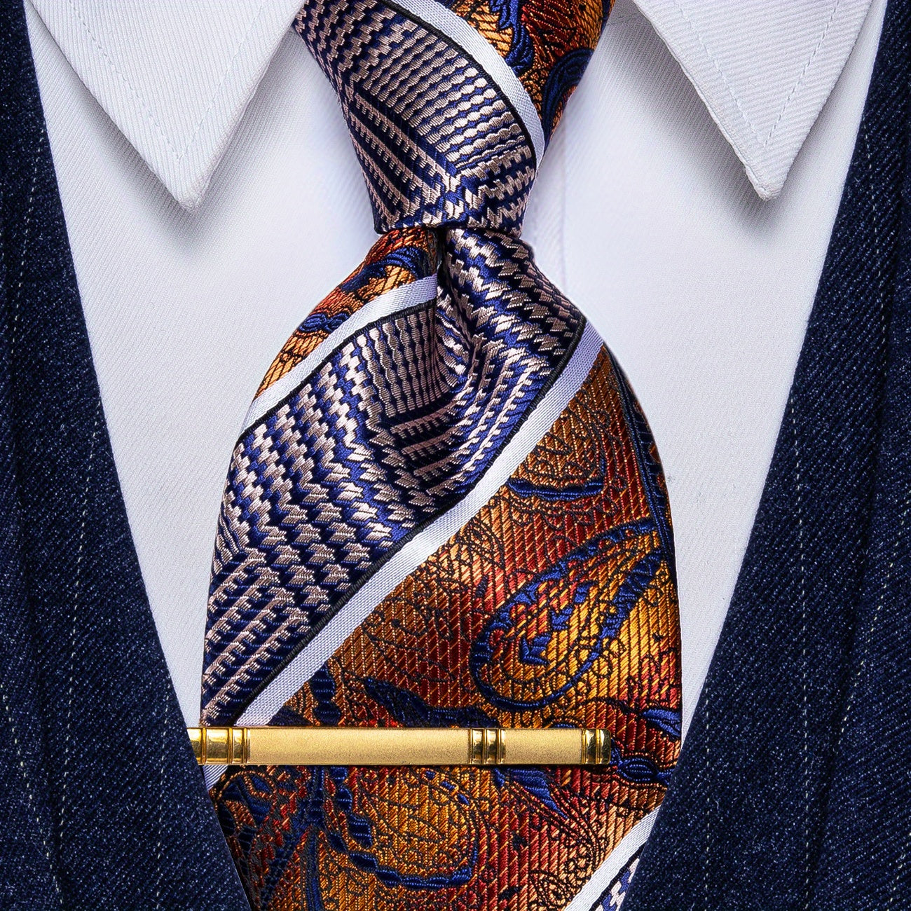 Striped Silk Necktie & Tie Clip Set for Wedding Party