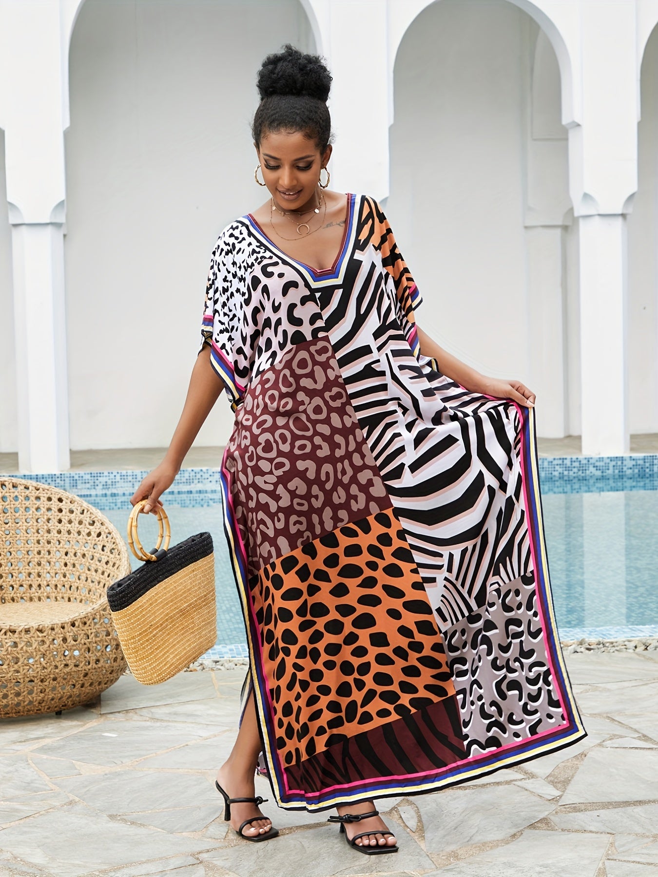 Boho Cover Up Women's Plus Leopard Print V Neck Split Dress