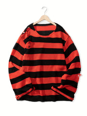 Knitted Ripped Striped Sweater Men's Warm Pullover for Fall Winter