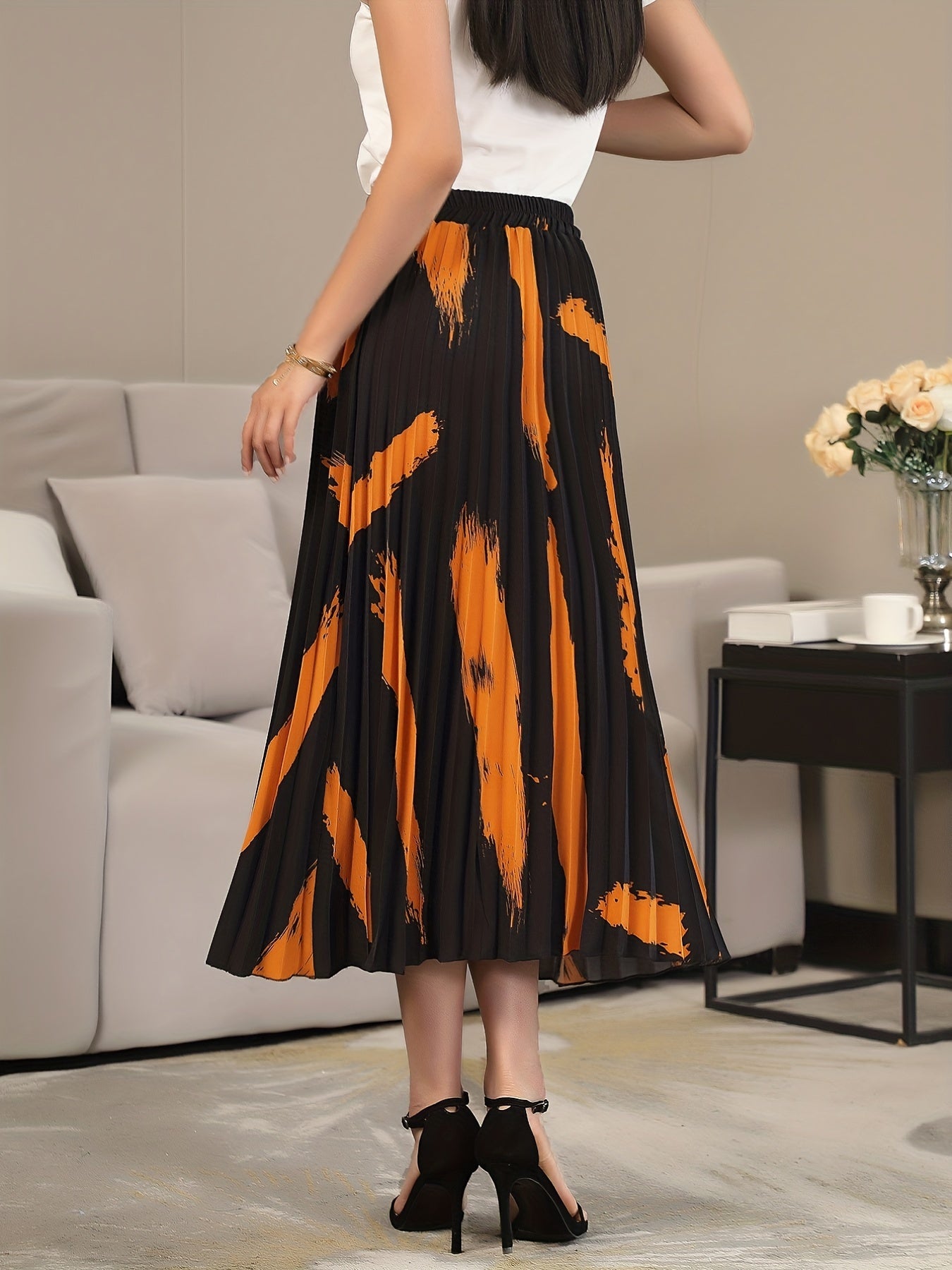 Print Pleated Skirts Random Printing High Waist Women's Clothing