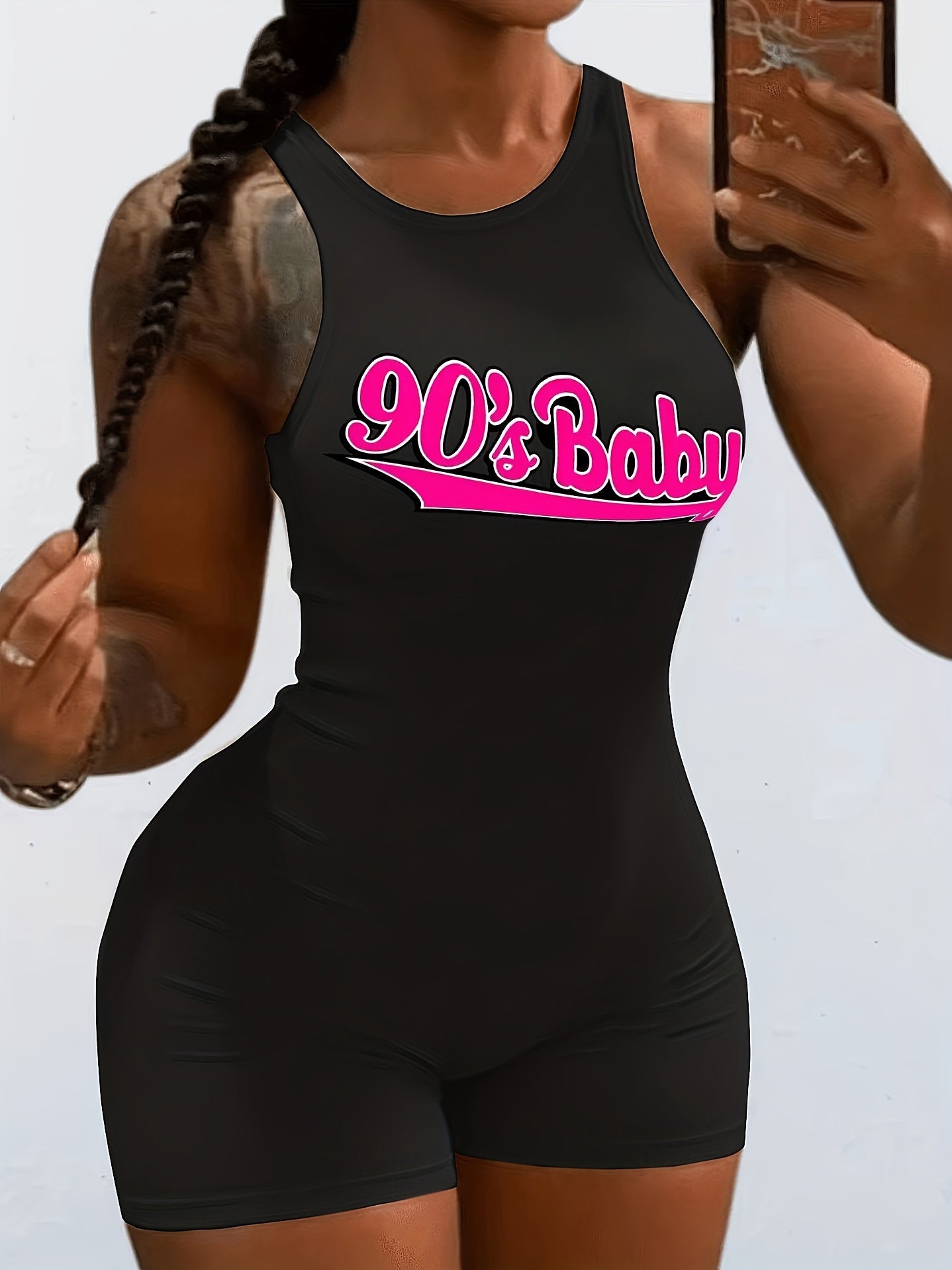90s Baby Print Romper Sexy Crew Neck Sleeveless Workout Romper