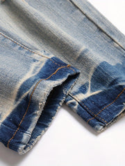 Embroidery Star Pattern Letter Print Slim Fit Ripped Jeans Men's