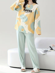 Bear Print Pajama Set Long Sleeve Top & Pants Women's Sleepwear