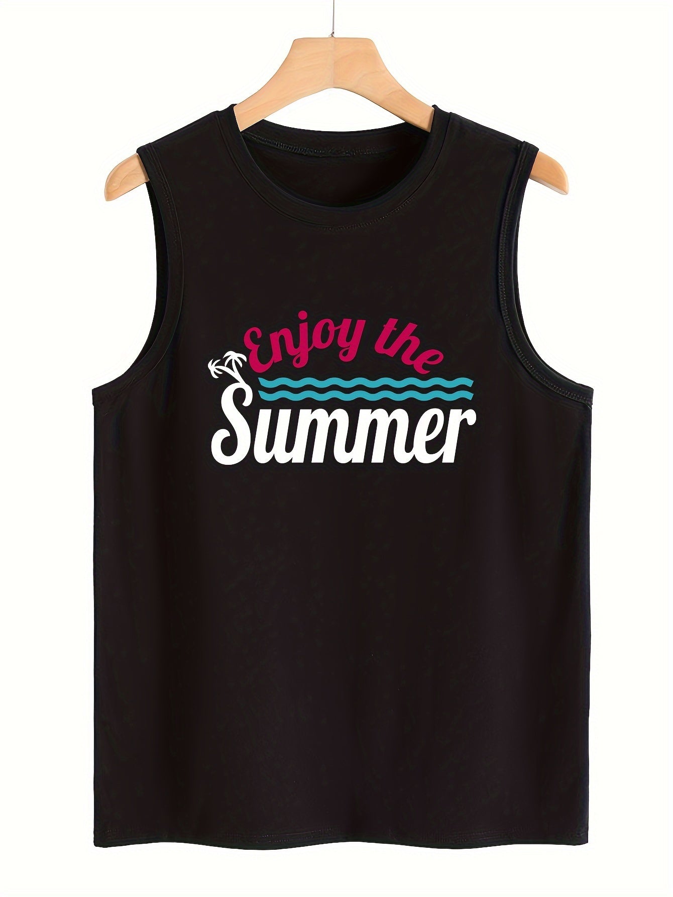 Tree & Wave Pattern Stretchy Sports Vest Round Neck Sleeveless Casual Top