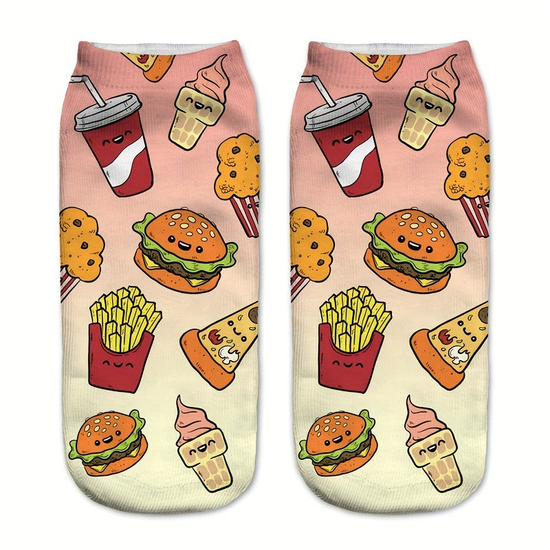5 Pairs Cartoon Food Print Socks Comfy & Funny Low Cut Socks Women's