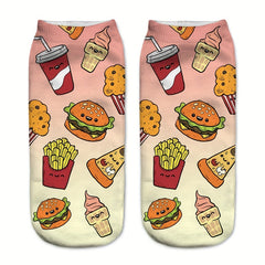 5 Pairs Cartoon Food Print Socks Comfy & Funny Low Cut Socks Women's