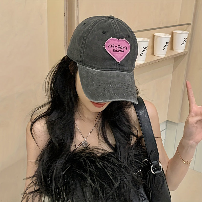 Pink Heart Patch Baseball Cap Vintage Washed Distressed Sun Hat