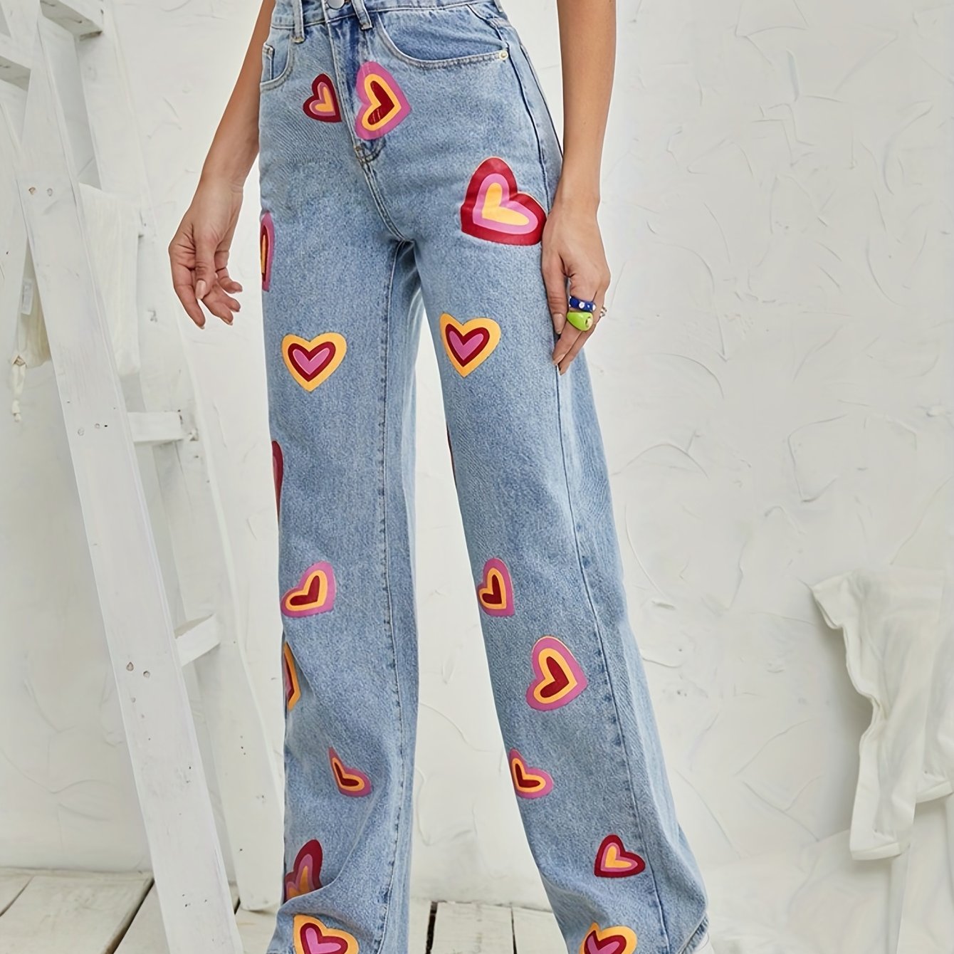 Heart Pattern High Waist Straight Jeans Slash Pockets Denim Pants
