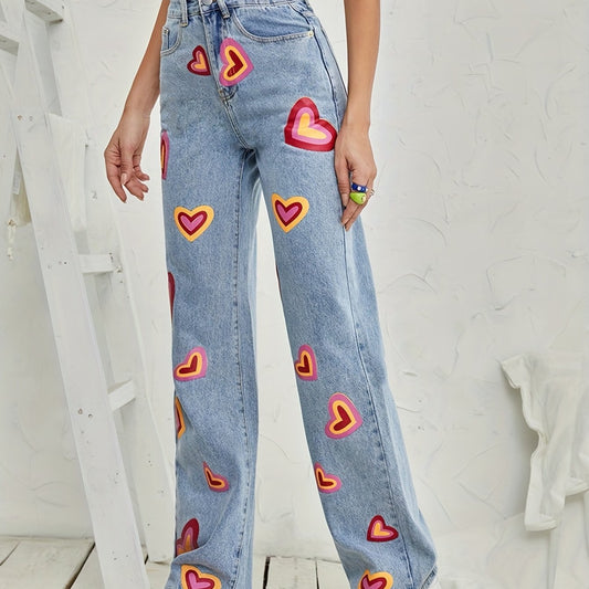 Heart Pattern High Waist Straight Jeans Slash Pockets Denim Pants