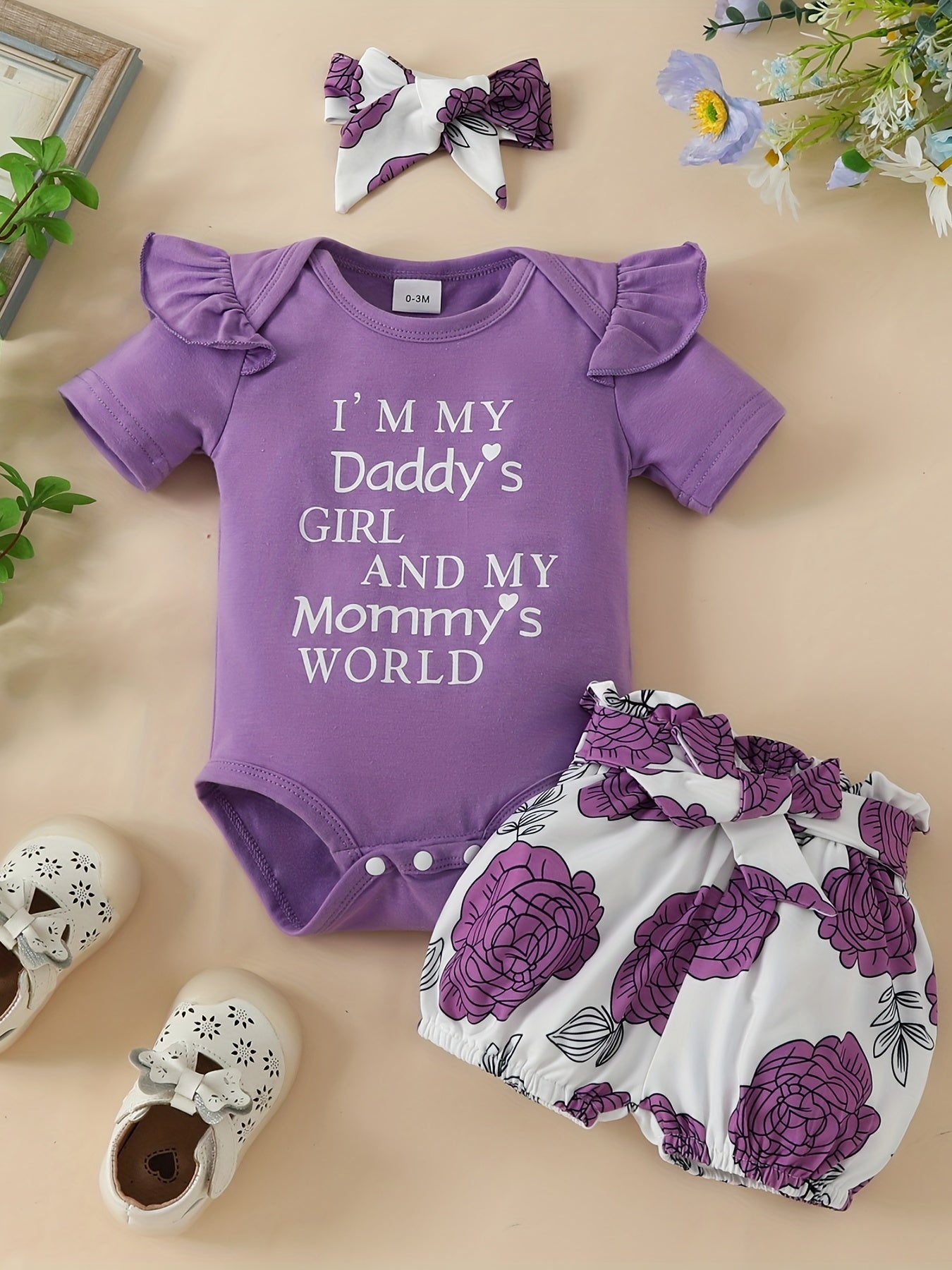 3pcs Baby Girls Daddy's Girl & Mommy's World Set - Onesie, Shorts & Headband