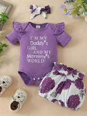 3pcs Baby Girls Daddy's Girl & Mommy's World Set - Onesie, Shorts & Headband