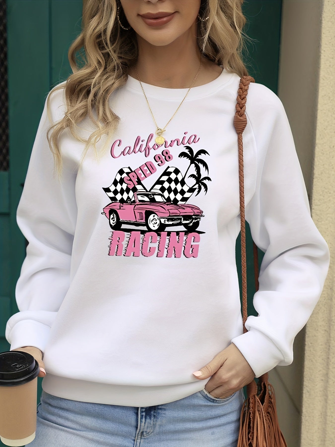 California Racing Print Crew Neck Sweatshirt for Women