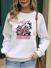 California Racing Print Crew Neck Sweatshirt for Women