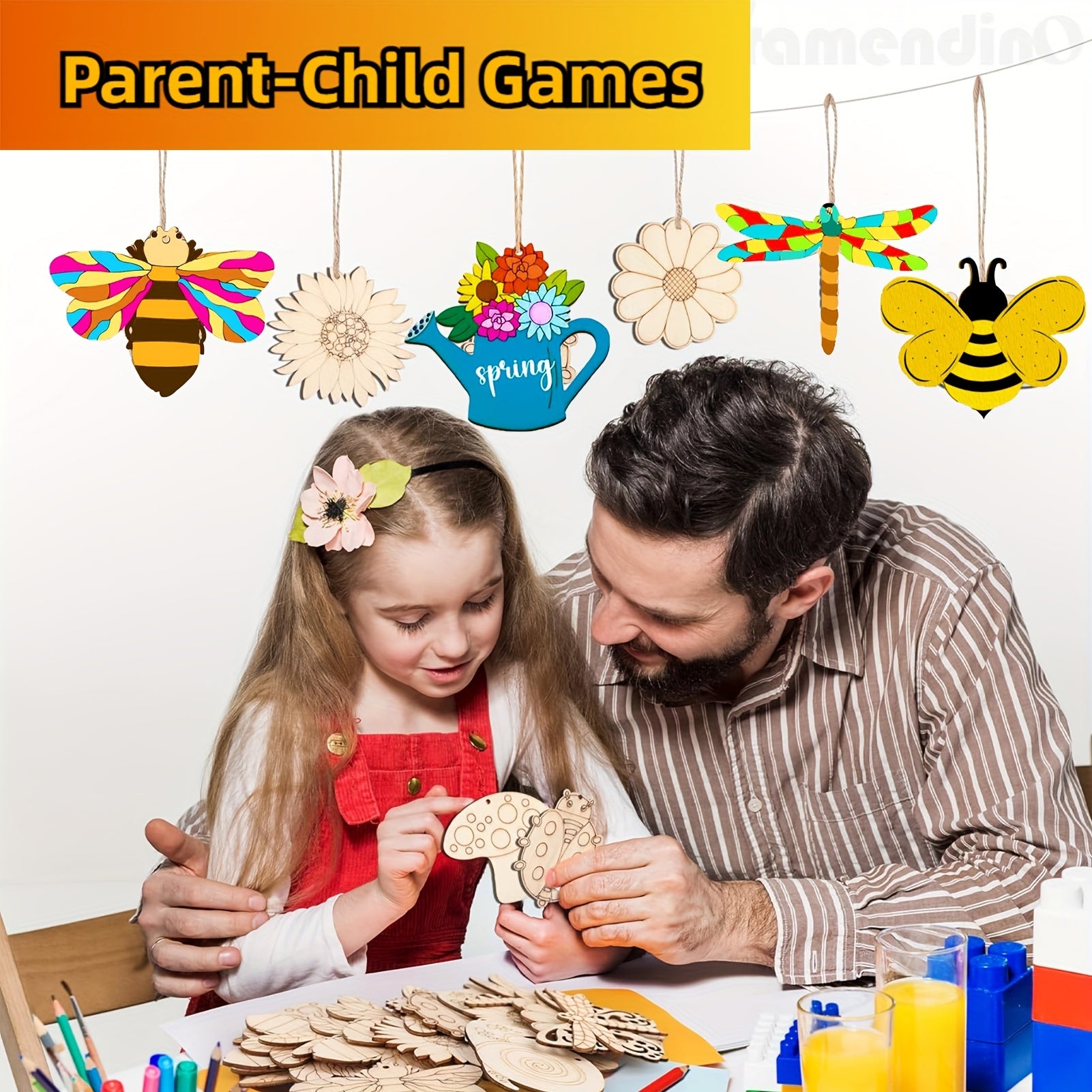 Insect Wooden Crafts Kids Set with 30pcs Blocks 12 Watercolor Pens 30 Ropes