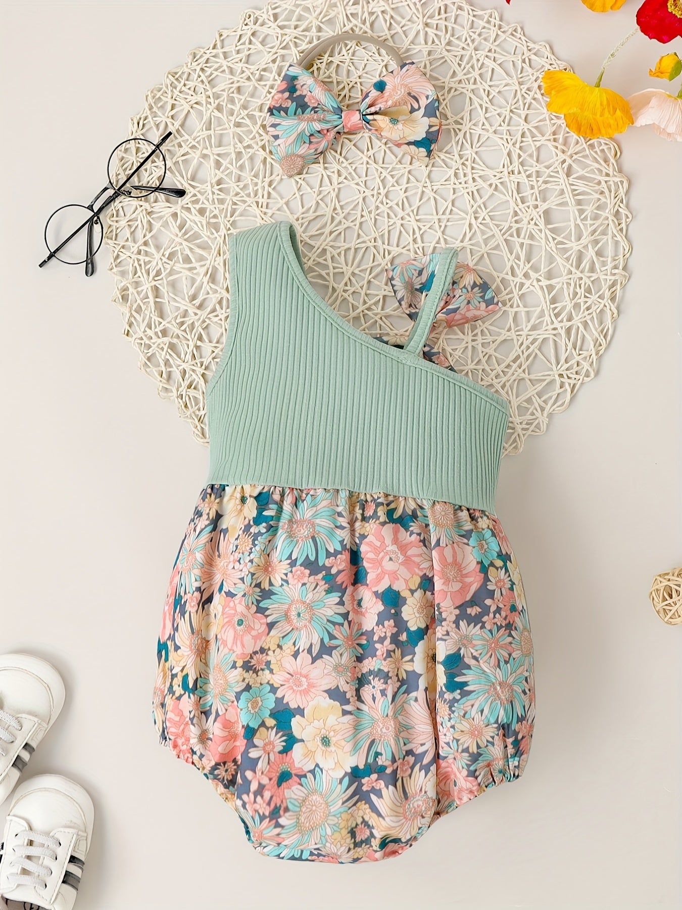Baby Girls Ribbed One Shoulder Floral Onesie & Headband Set