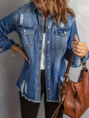 Ripped Denim Jacket Women's Long Sleeve Washed Jean Jacket