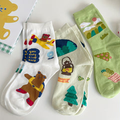 3 Pairs Cartoon Pattern Socks Comfy & Mid Tube Socks Women's Stockings & Hosiery