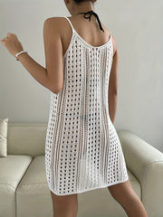 Hollow Out Knitted Cover Up Dress Round Neck
