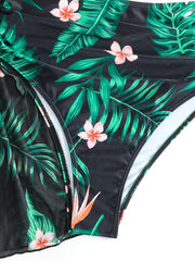 Tropical Floral & Leaf Bikini Set V Neck High Cut Swimsuit with Cover Up Shirt