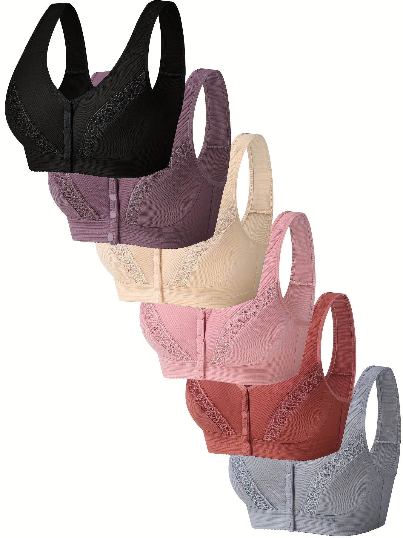 6pcs Lace Wireless Front Buckle Bras Comfortable & Breathable
