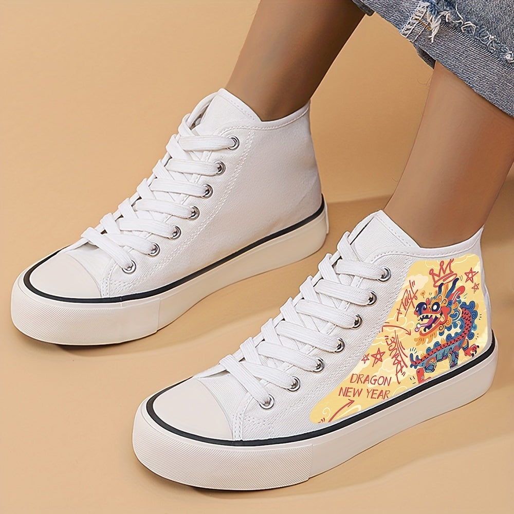 Dragon Print Flat Heighten Chunky Canvas Sneakers