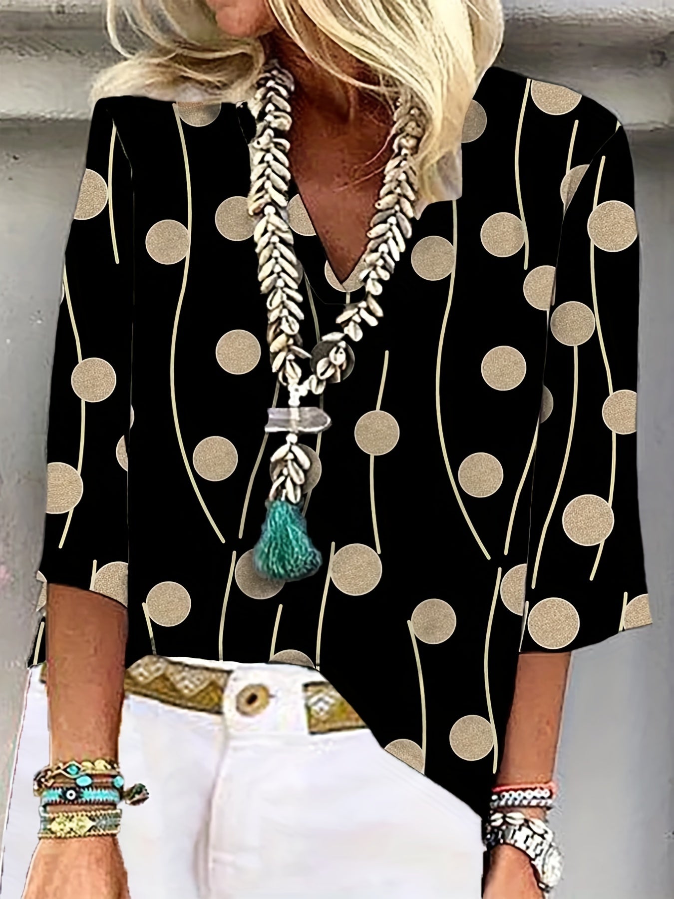 Dot & Stripe Print V Neck Top