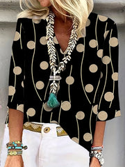 Dot & Stripe Print V Neck Top