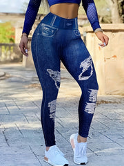 Women's Plus Denim Print High Rise Stretchy Yoga Skinny Leggings