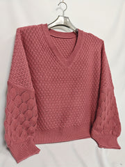 Lantern Sleeve Eyelet Embroidered V Neck Sweater
