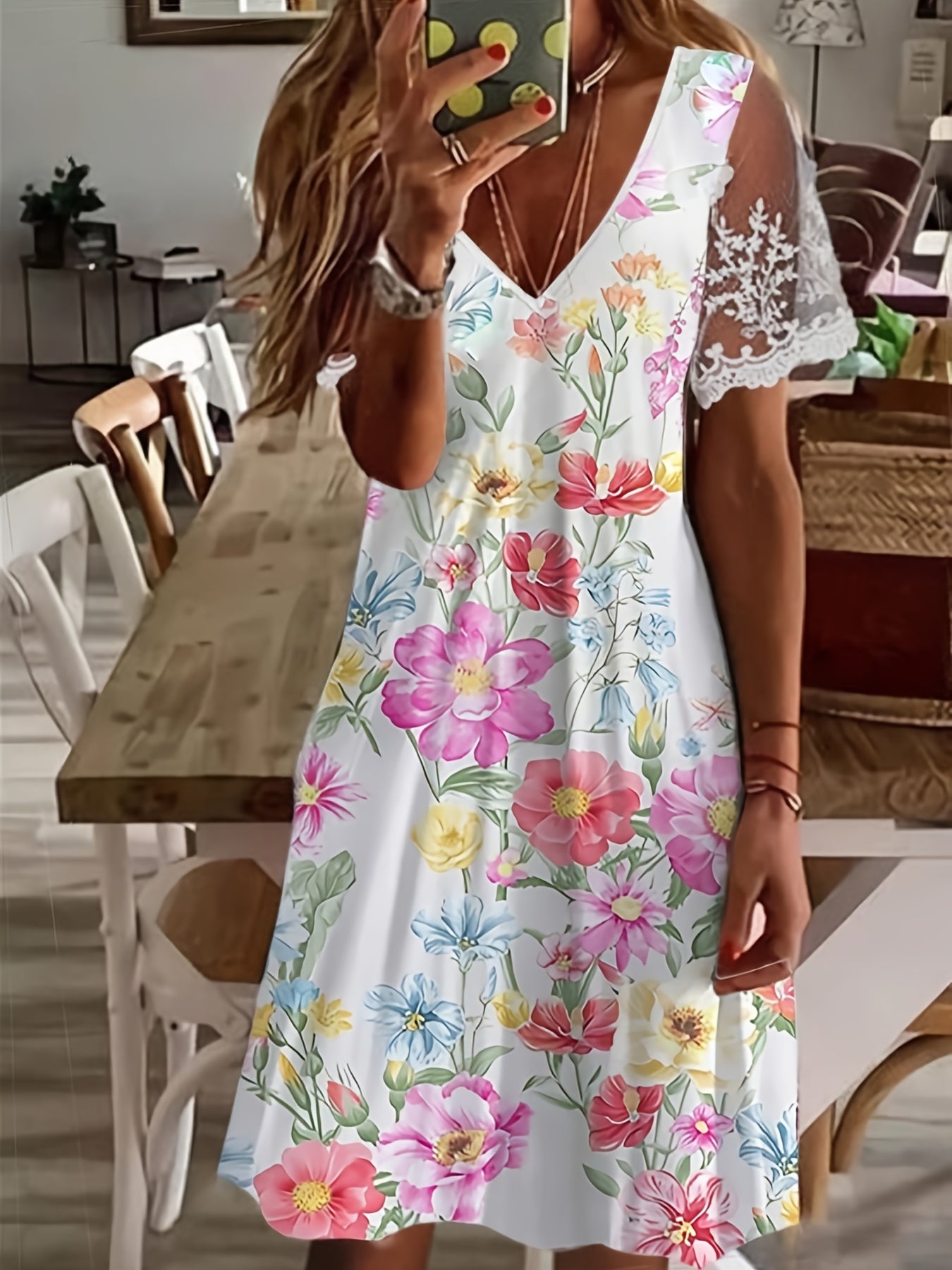 Floral Print Dress Lace V neck Short Sleeve Loose Summer Beach Sundress