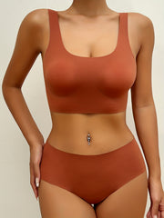 Solid Bra & Panties Set Square Neck Racer Back Elastic Lingerie