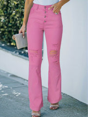 Ripped Flare Leg Jeans High Rise Button Fly Solid Stretch Denim Pants