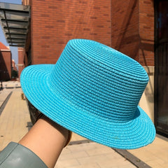 2pcs Candy Flat Top Fedora Straw Sun Hat Women's Spring Summer Travel
